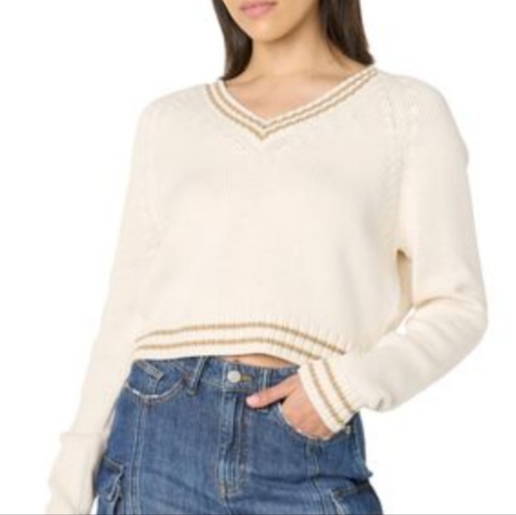 The Drop Sweaters - NWT The Drop Chunky Knit V- Neck Sweater In Cream With Tan Stripe Accents 4X